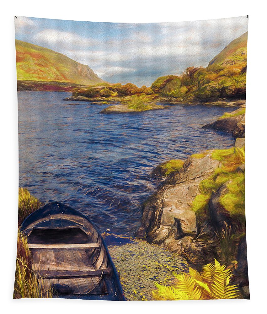 Boats Tapestry featuring the photograph On a Lake of Blue in Autumn Watercolors by Debra and Dave Vanderlaan