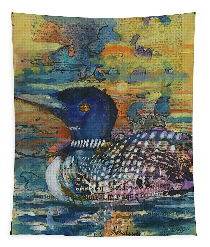 Sunset Tapestry featuring the painting On Loon Lake by Maria Hunt