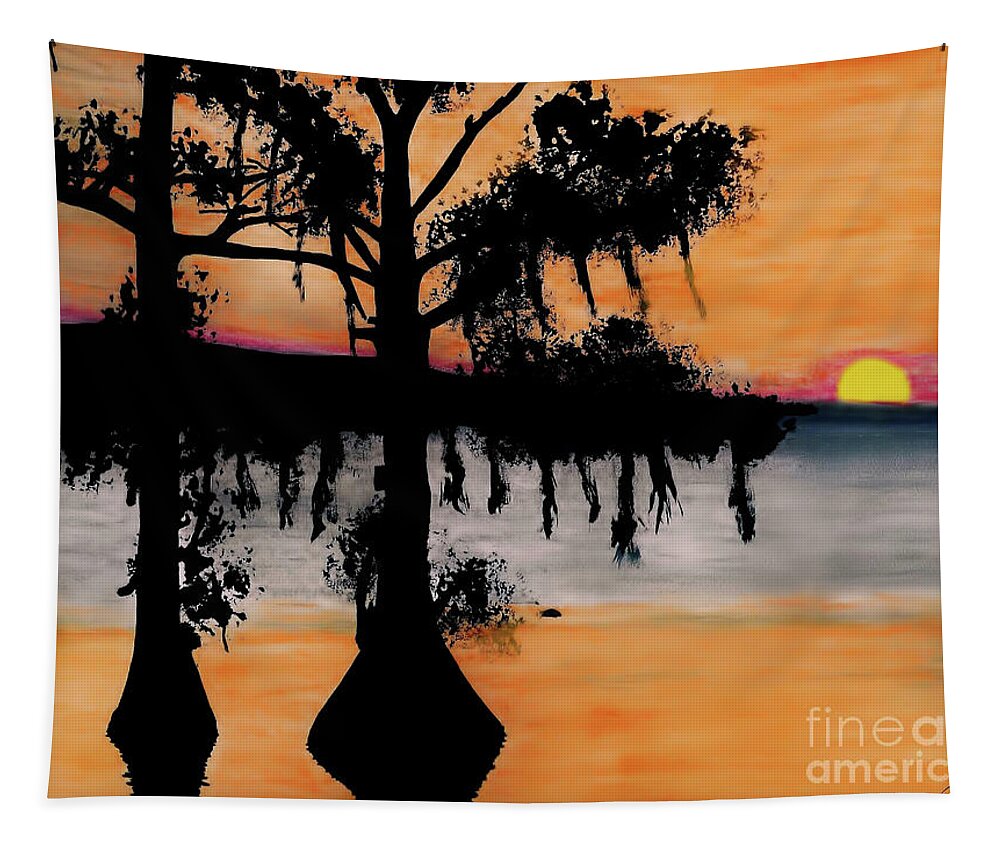 Sunset Tapestry featuring the drawing Orange Cypress Sunset by D Hackett