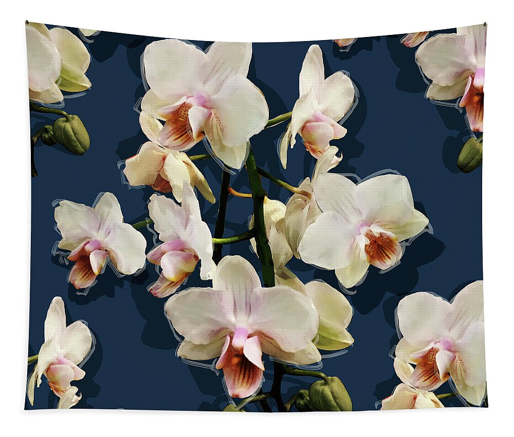 Glory Tapestry featuring the mixed media Orchids - on dark blue by Big Fat Arts