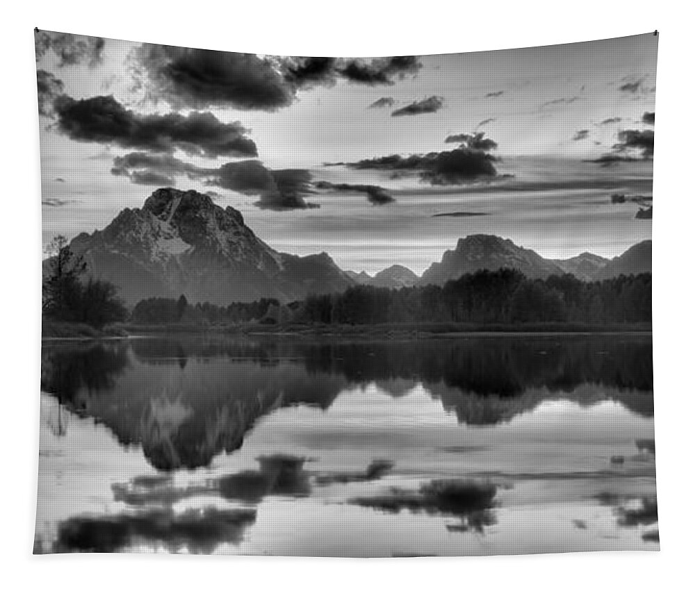 Swiftcurrent Falls Tapestry featuring the photograph Oxbow Bend Autumn Sunset Panorama Black And White by Adam Jewell