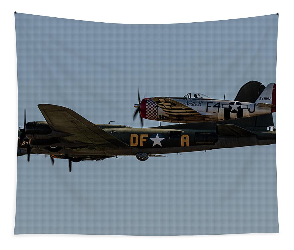 Boeing B-17 Flying Fortress Sally-b And P-47 Thunderbold 'nellie B' In Formation Tapestry featuring the photograph P-47 Little Friend by Airpower Art