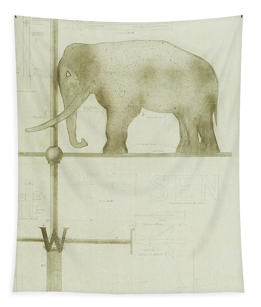 Elephant Tapestry featuring the drawing Pachyderm House, Philadelphia Zoo, detail of weather vane by Paul Philippe Cret