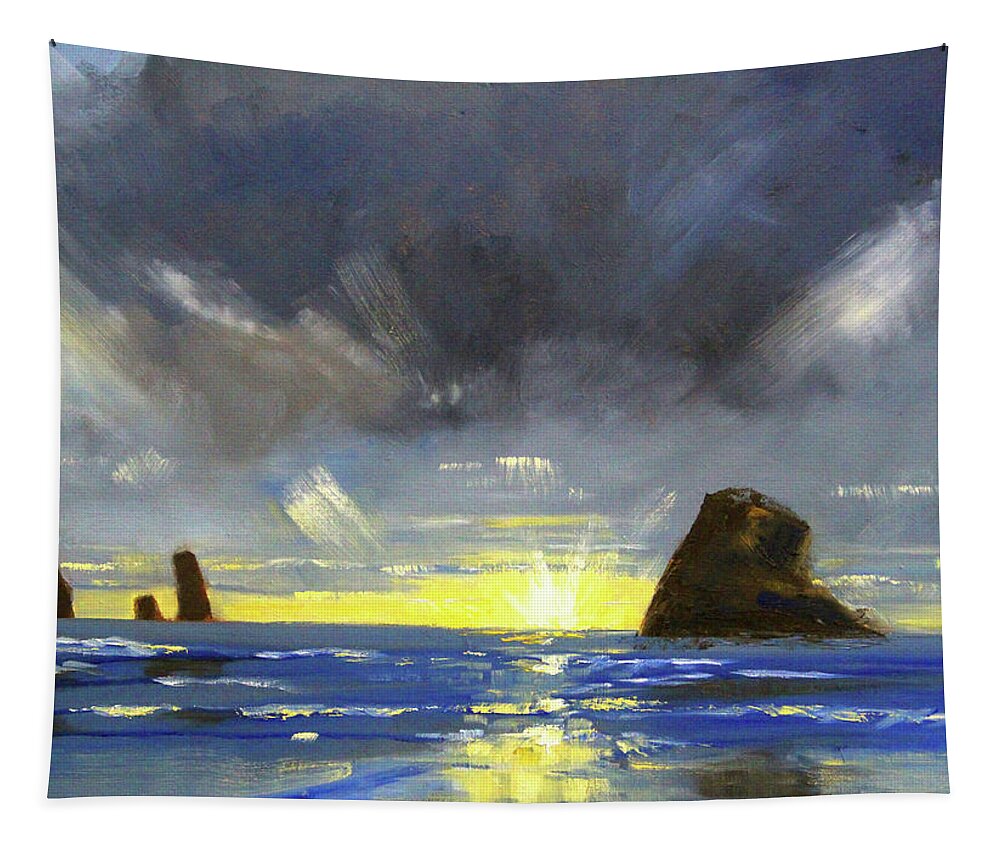 Oregon Coast Tapestry featuring the painting Pacific Coast Evening by Nancy Merkle
