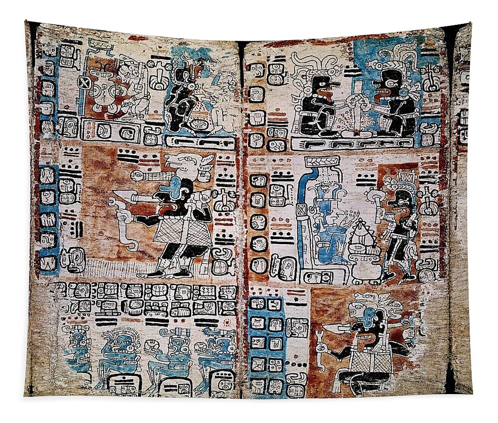 13th Century Tapestry featuring the drawing Page of the Tro-Cortesianus Codex or Madrid Codex. Mayan Codex. Gods and Men. 13th-15th centuries. by Album