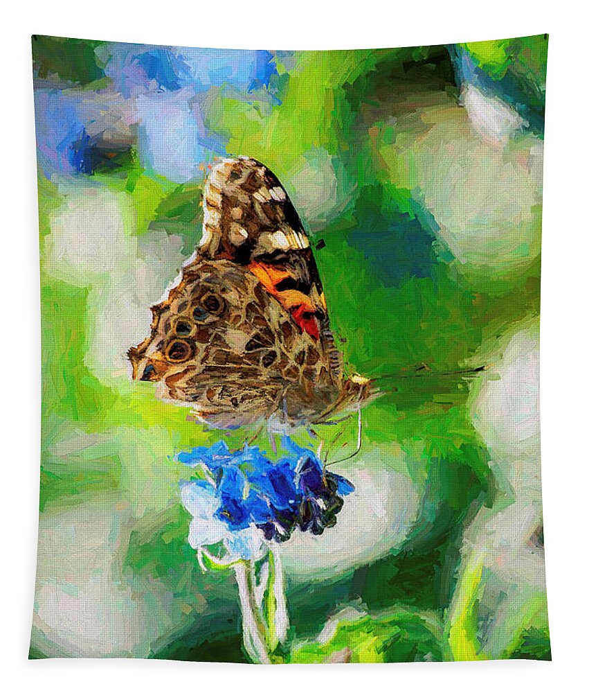 Cosmopolitan Tapestry featuring the photograph Painted Lady Butterfly Blue Flower by Don Northup