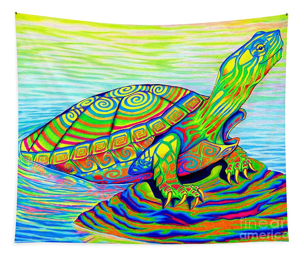 Turtle Tapestry featuring the drawing Psychedelic Neon Rainbow Painted Turtle by Rebecca Wang