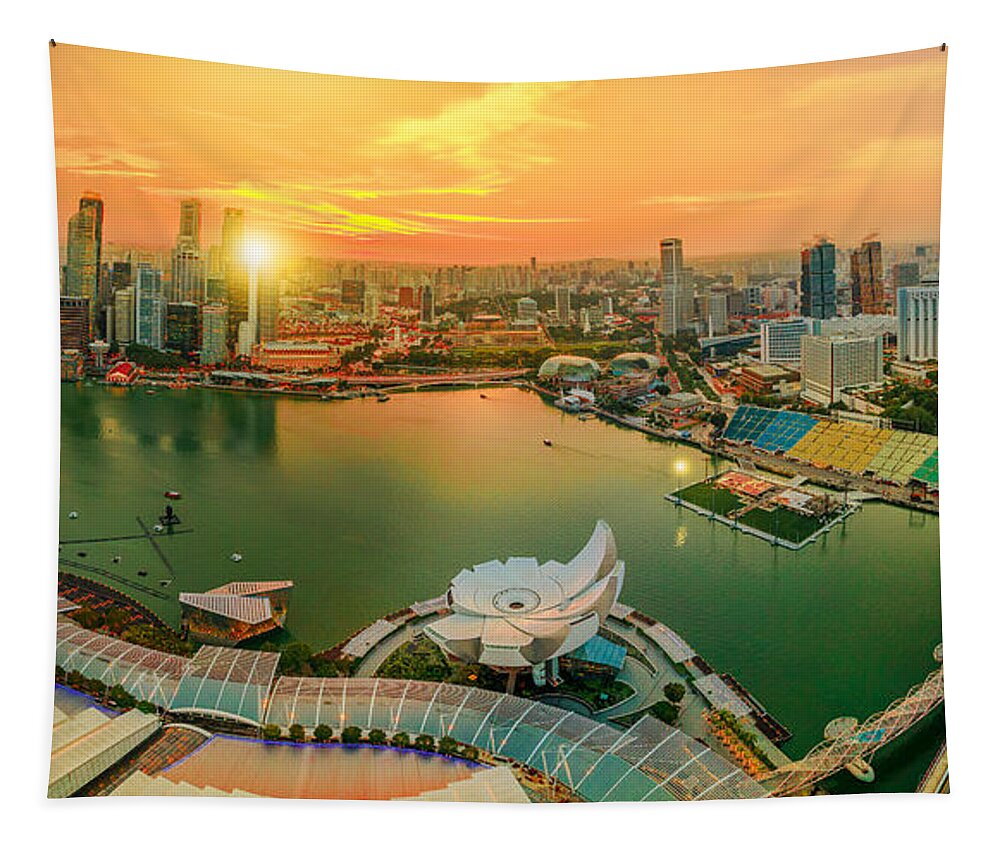 Singapore Tapestry featuring the photograph Panorama Marina bay Singapore by Benny Marty