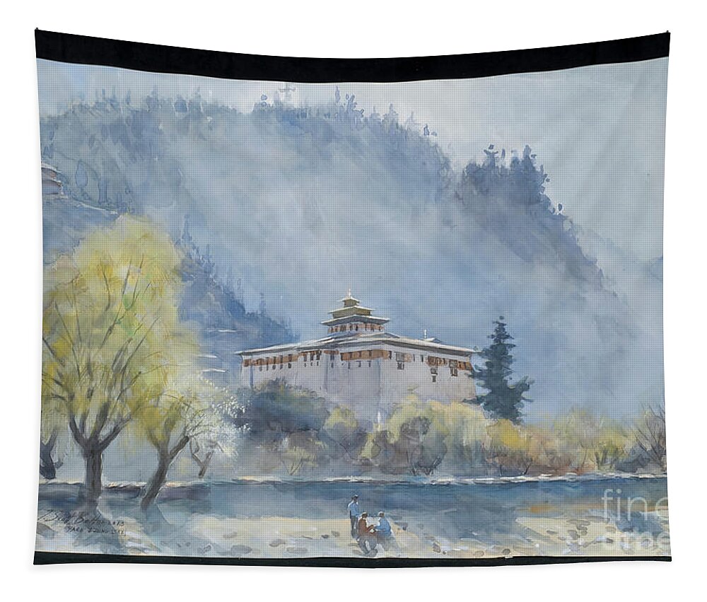 Contemporary Art Tapestry featuring the painting Paro Dzong, Bhutan, 2013 by Tim Scott Bolton