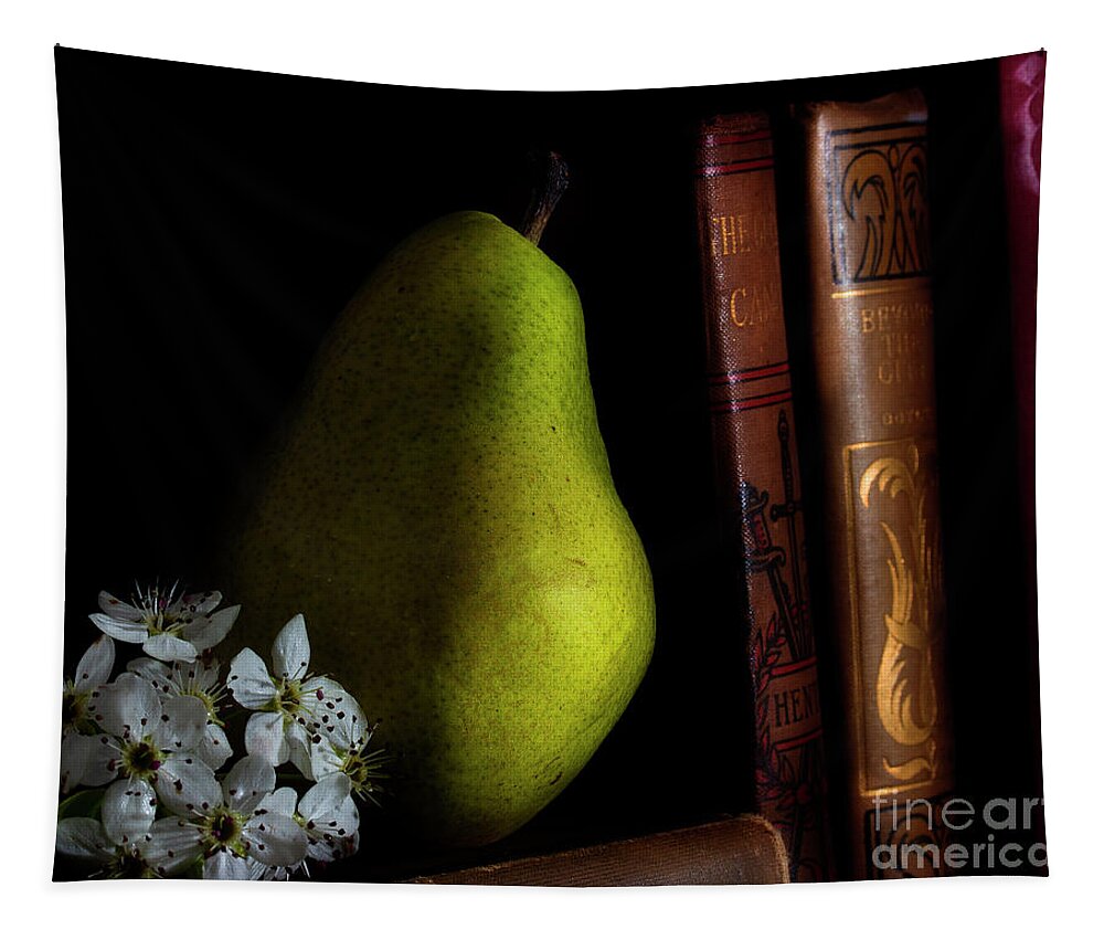 Pear Tapestry featuring the photograph Pear And Books by Mike Eingle