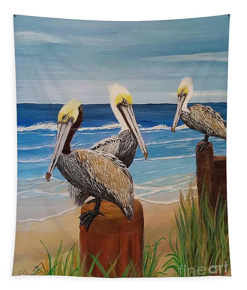 Pelicans Tapestry featuring the painting Pelicans Perched by Elizabeth Mauldin