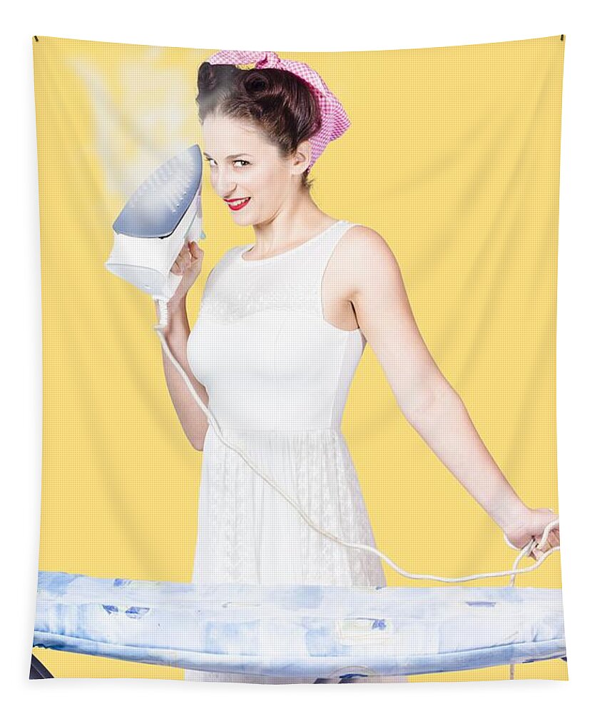 Cleaning Tapestry featuring the photograph Pin up woman providing steam clean ironing service by Jorgo Photography
