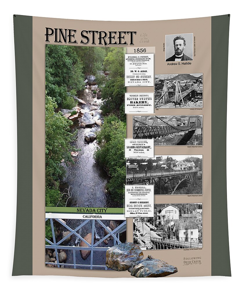 Nevada City History Tapestry featuring the digital art Pine Street Bridge, Nevada City, CA by Lisa Redfern