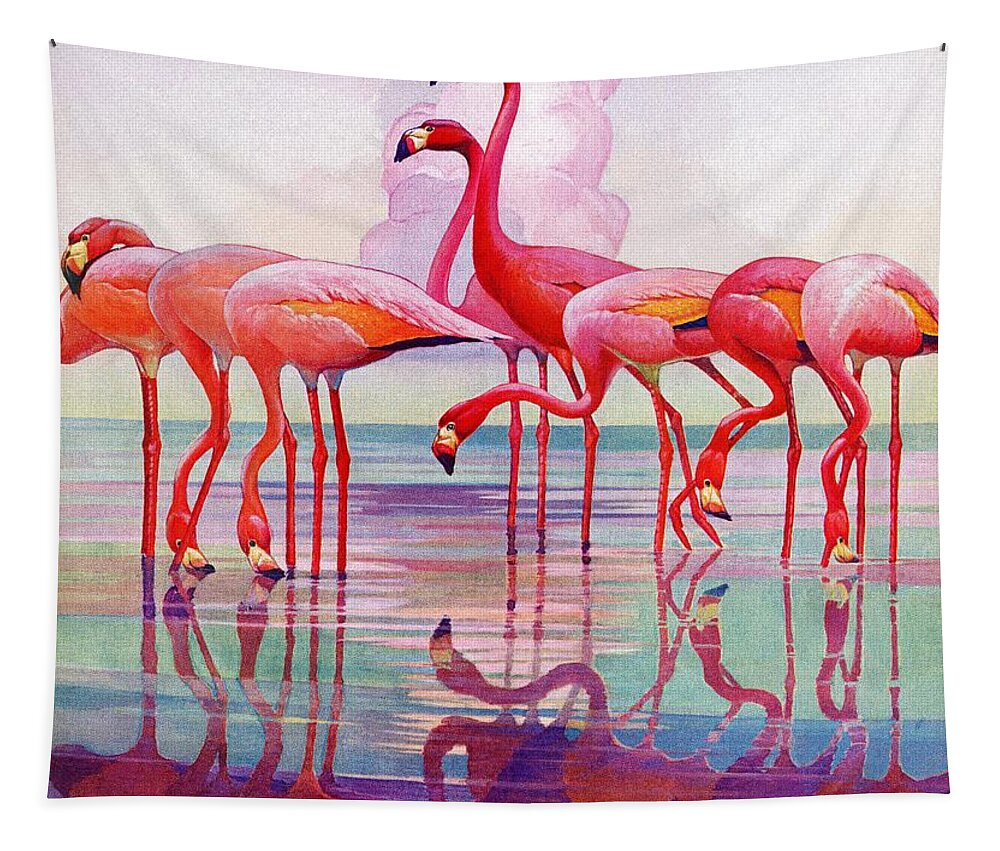 Birds Tapestry featuring the drawing Pink Flamingos by Francis Lee Jaques