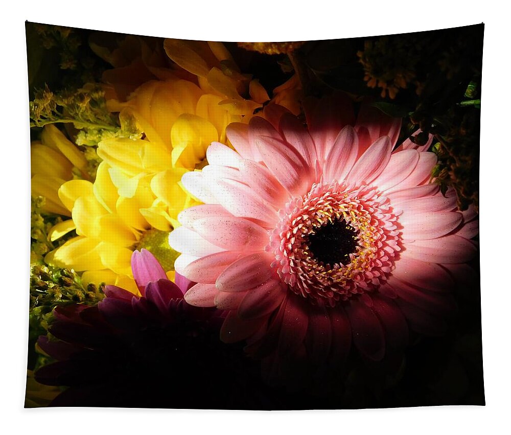 - Pink Gerbera Daisy- Yellow Daisy - In The Light Tapestry featuring the photograph - Pink Gerbera Daisy by THERESA Nye
