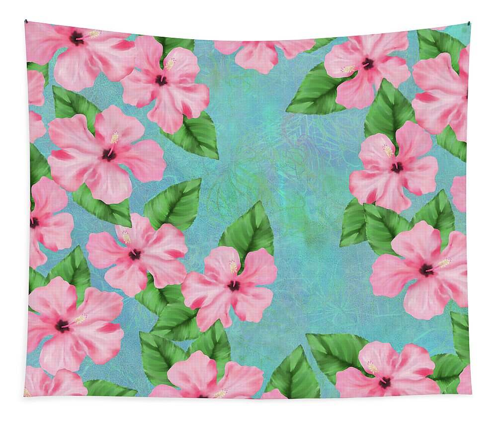 Tropical Tapestry featuring the digital art Pink Hibiscus Tropical Floral Print by Sand And Chi