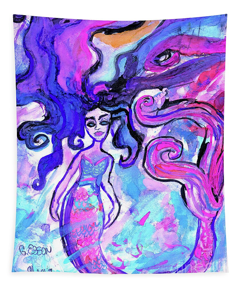 Mermaid Tapestry featuring the painting Pink Mermaid With Black Hair by Genevieve Esson