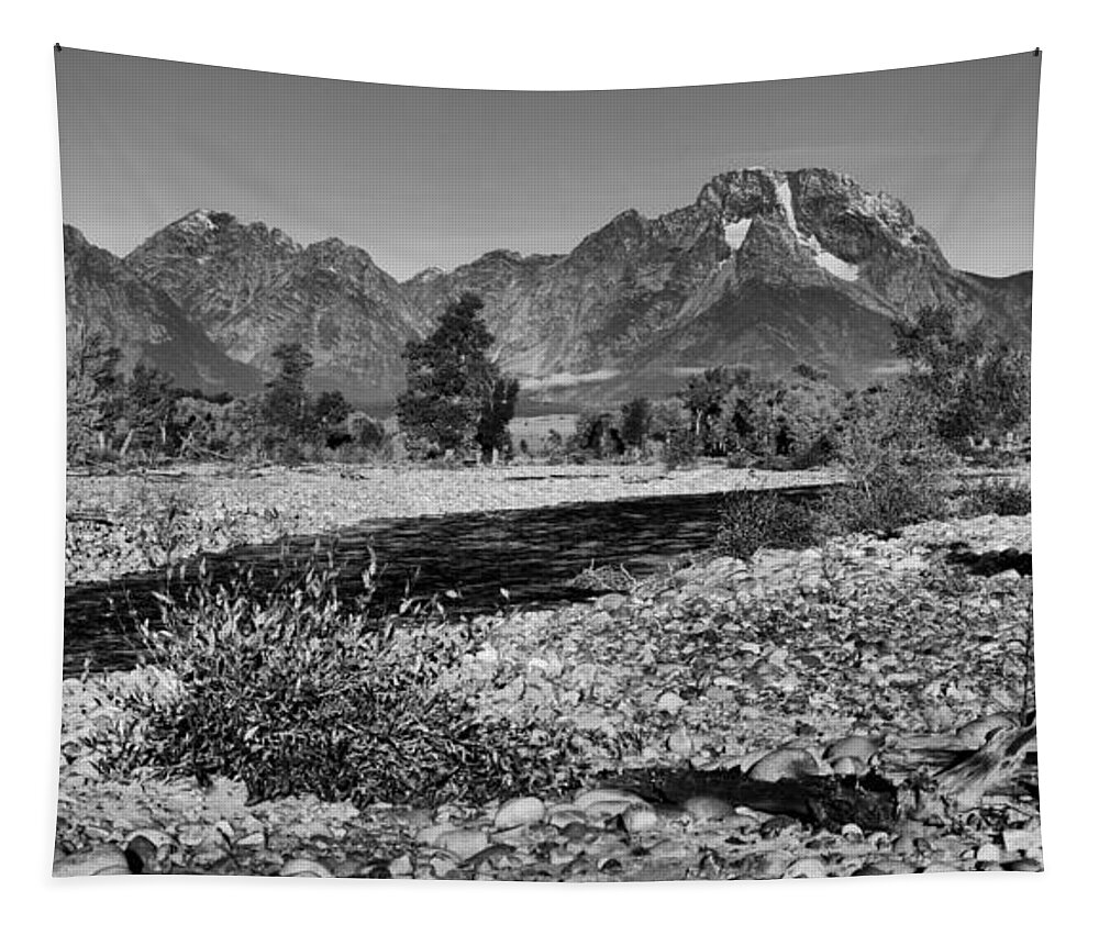 Spread Creek Tapestry featuring the photograph Pink Peaks Over Spread Creek Black Ans White by Adam Jewell