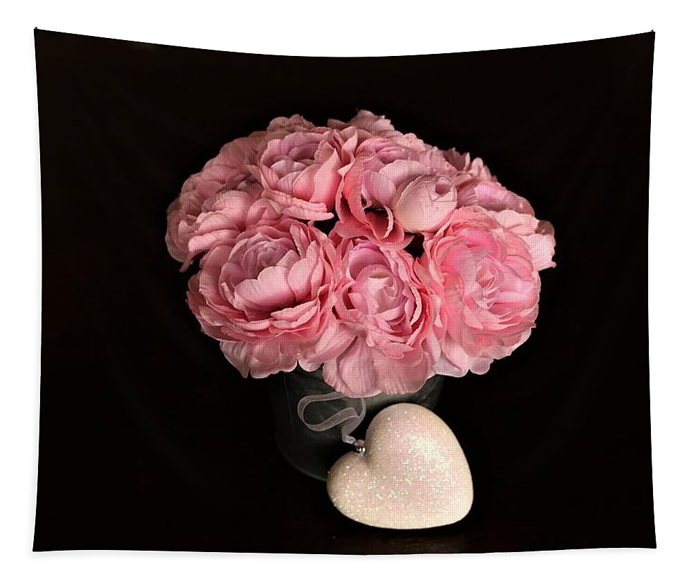 Still Life Tapestry featuring the photograph Pink Peonies and Heart on Black by Sheila Brown