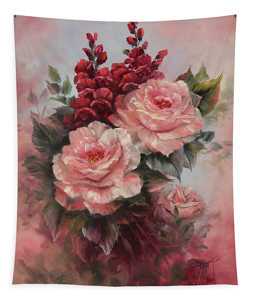 Floral Tapestry featuring the painting Roses and Snapdragons by Lynne Pittard