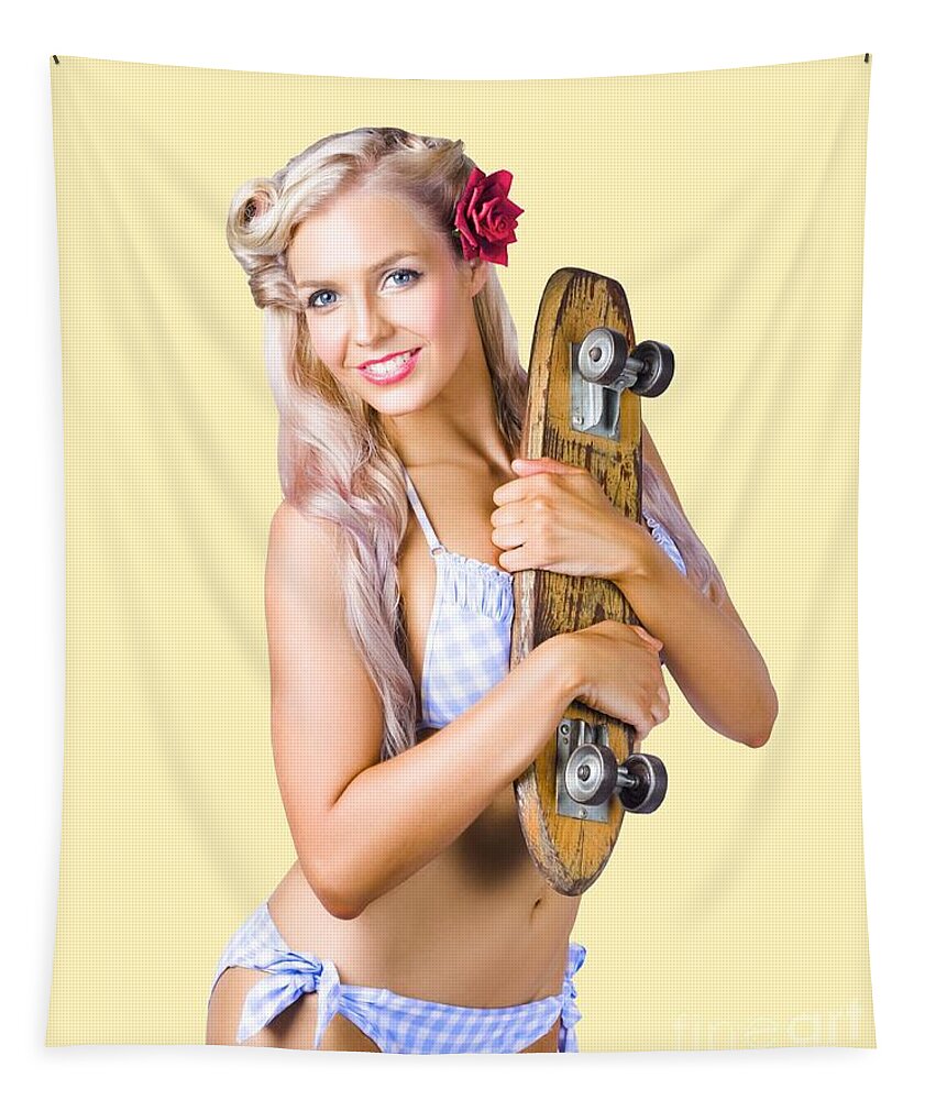 Skate Tapestry featuring the photograph Pinup woman in bikini holding skateboard by Jorgo Photography