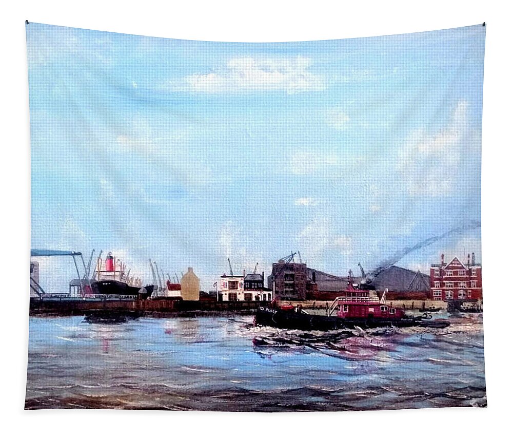 Pla Tapestry featuring the painting Pla Tug Placard Pa,ssing West India Dock Entrance, London 1980 by Mackenzie Moulton