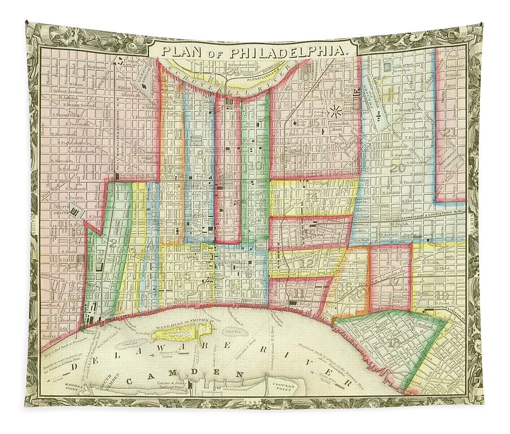 Map Tapestry featuring the mixed media Plan of Philadelphia, 1860 by Augustus Mitchell