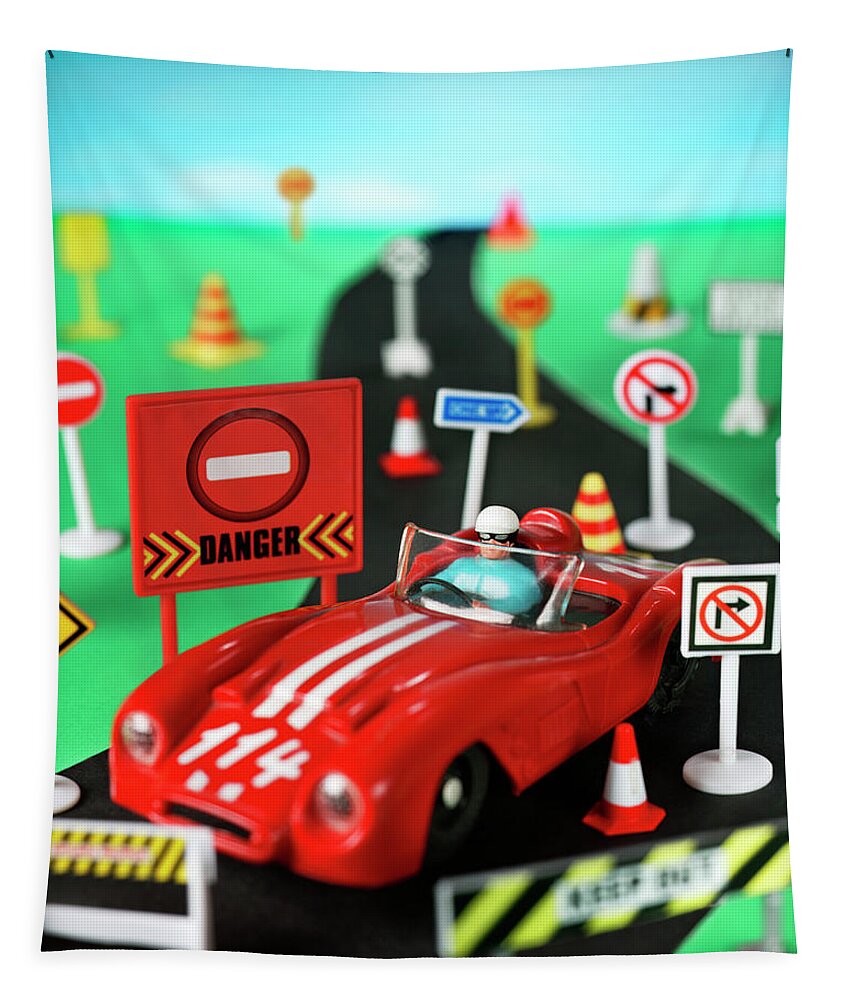 Auto Tapestry featuring the drawing Plastic Toy Car on a Highway by CSA Images