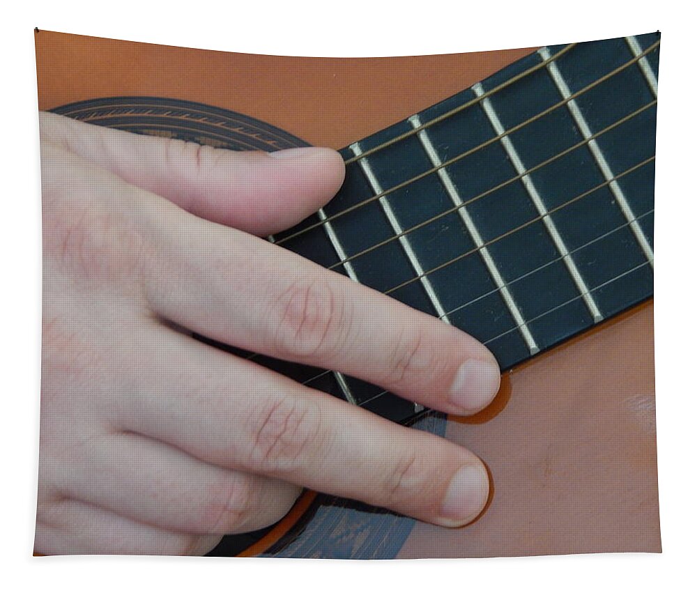 Guitar Tapestry featuring the photograph Playing hands on guitar music by Oleg Prokopenko