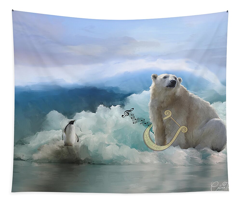 Polar Bears Tapestry featuring the mixed media Polar Bears Play the Lyre by Colleen Taylor