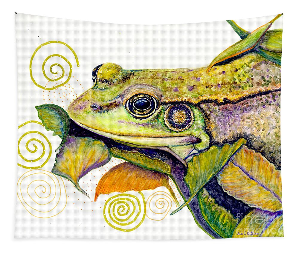 Frog Tapestry featuring the painting Pond Frog Smile by Jan Killian