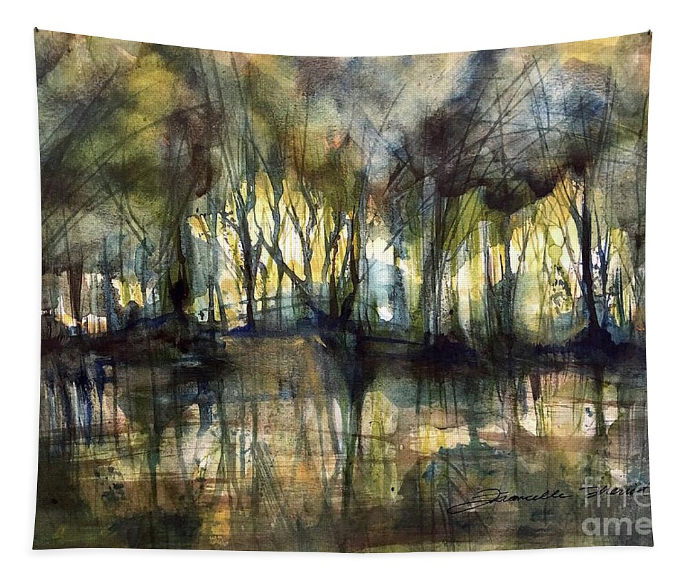 Impressionistic Floral Landscape Louisiana Watercolor Abstract Impressionism Water Bayou Lake Verret Blue Set Design Iris Abstract Painting Abstract Landscape Purple Trees Fishing Painting Bayou Scene Cypress Trees Swamp Bloom Elegant Flower Watercolor Coastal Bird Water Bird Interior Design Imaginative Landscape Oak Tree Louisiana Abstract Impressionism Set Design Fort Worth Texas Thefoyerbr Shoplocal Shopbr Shopbatonrouge Geauxlocal Gobr Brproud 225batonrouge Decoratebatonrouge Batonrougehomes Tapestry featuring the painting PondScape by Francelle Theriot