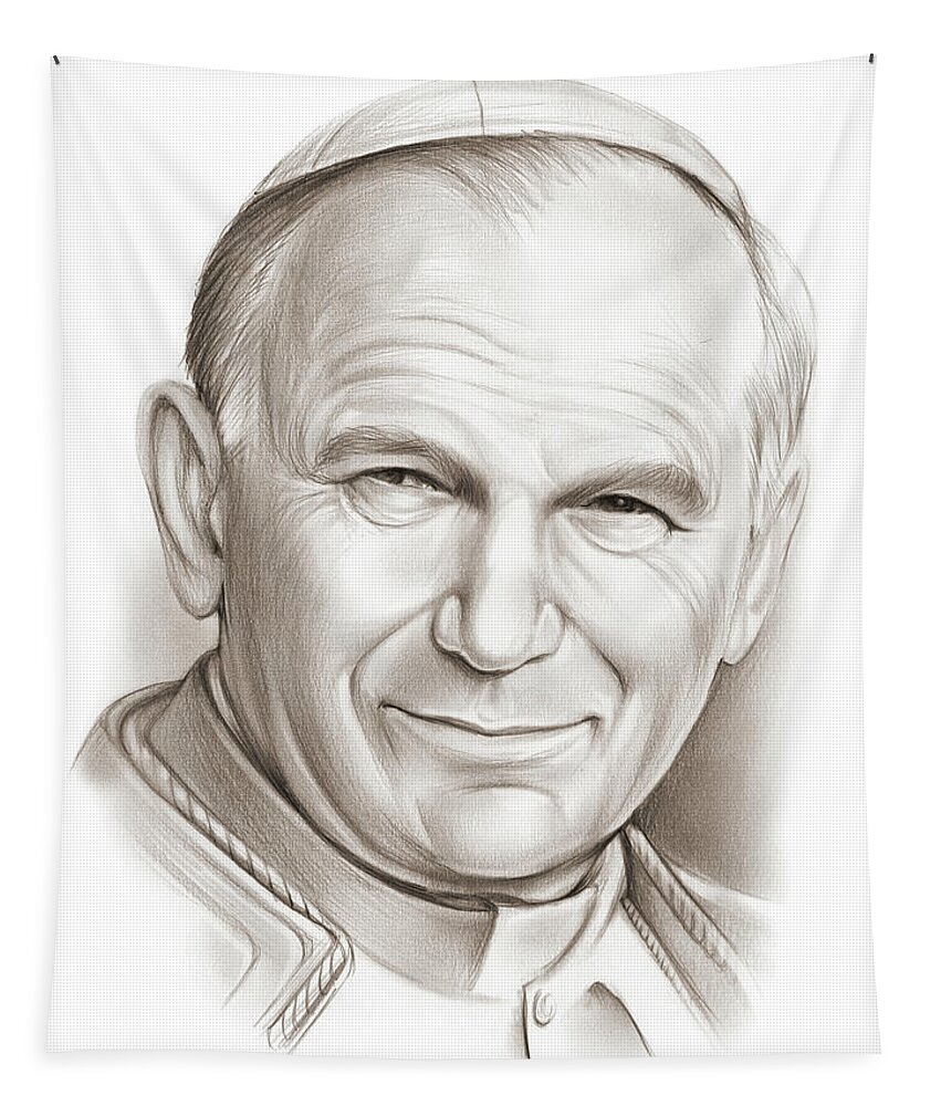 Pope John Paul Ii Tapestry featuring the drawing Pope John Paul II by Greg Joens