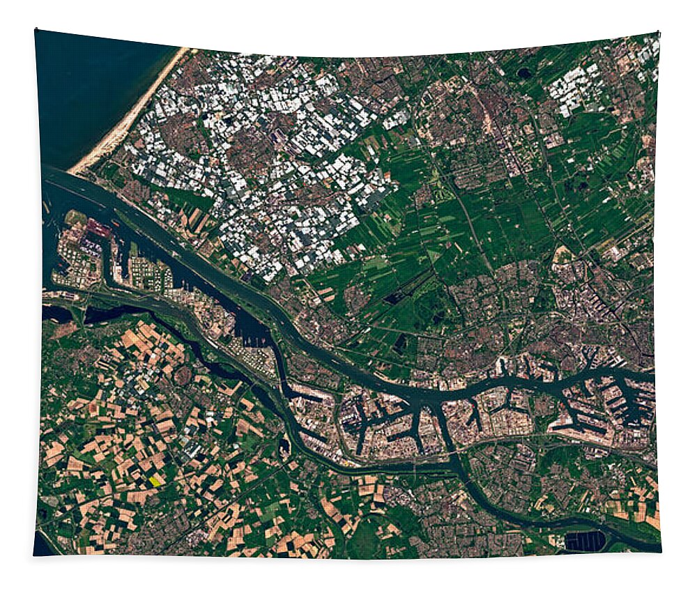 Satellite Image Tapestry featuring the digital art Port of Rotterdam from space by Christian Pauschert