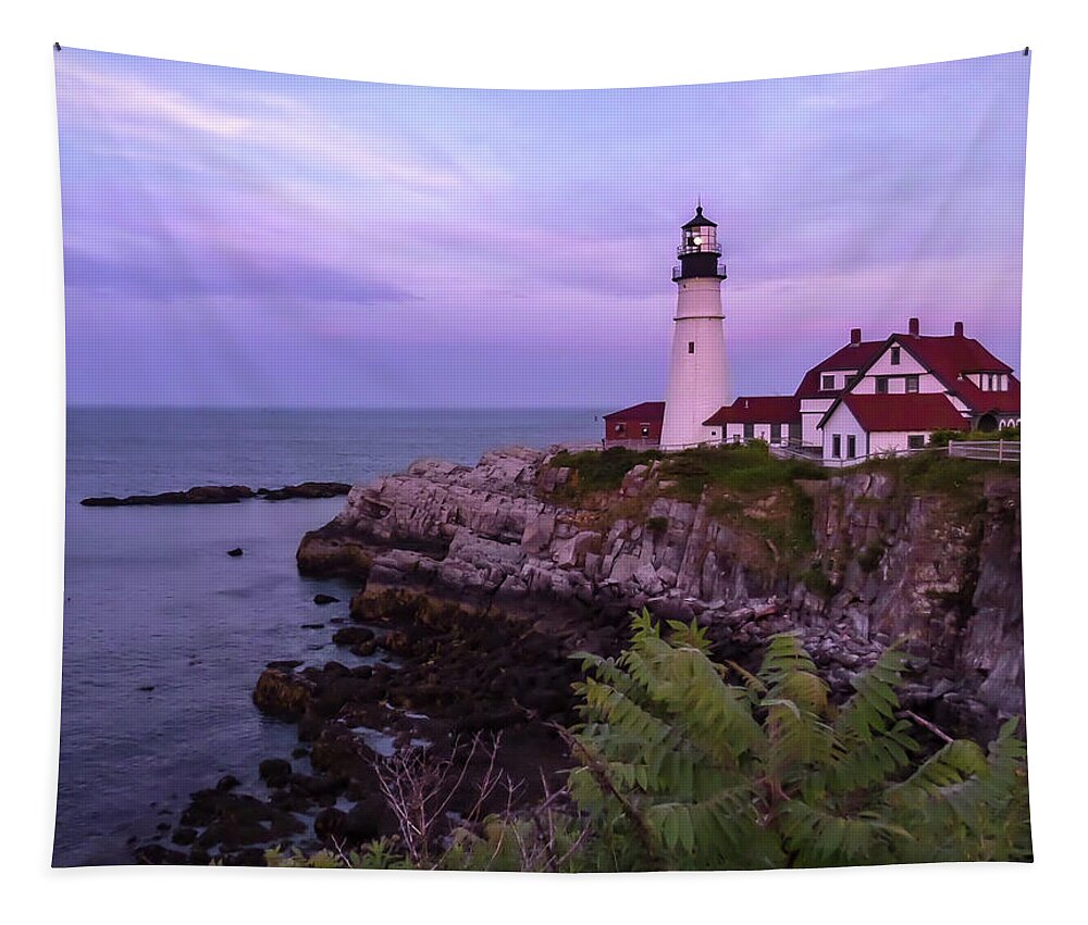Cape Elizabeth Tapestry featuring the photograph Portland Lighthouse Sunset by Norma Brandsberg