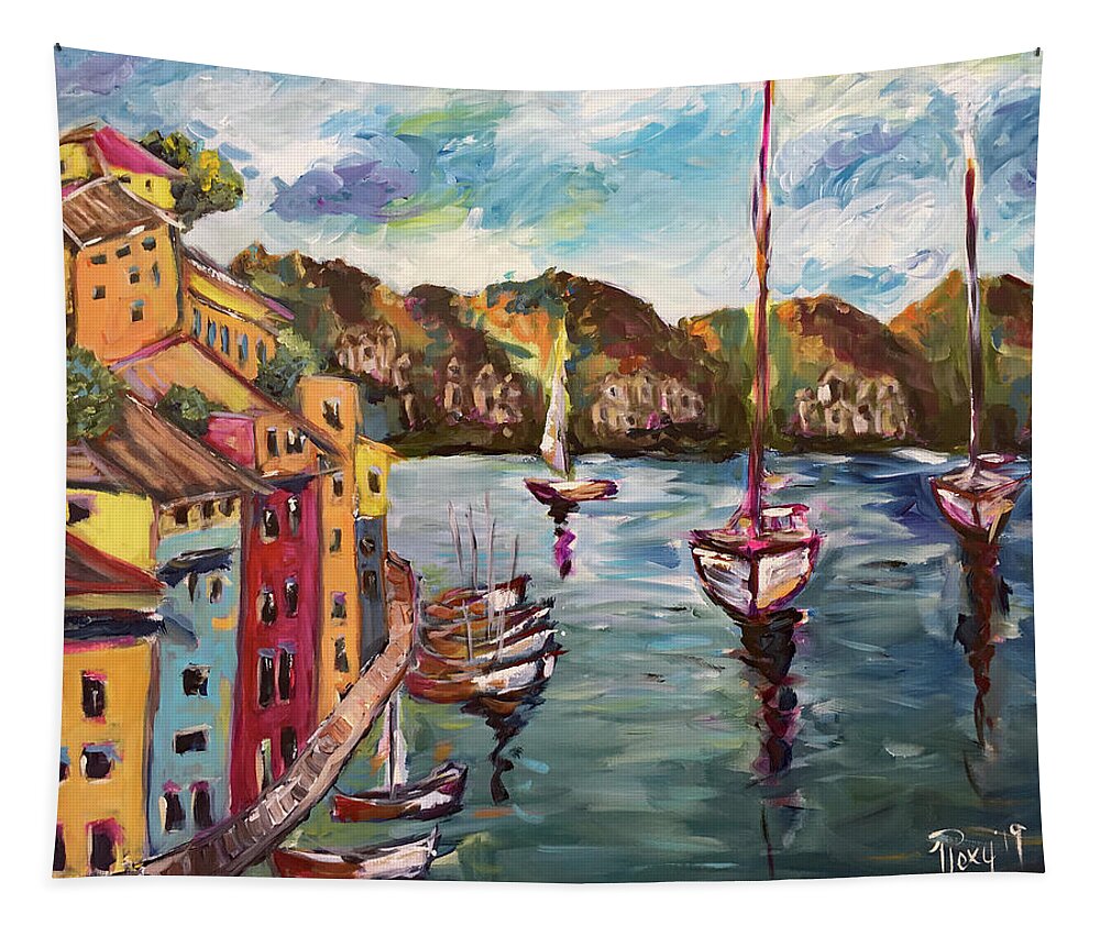 Portofino Tapestry featuring the painting Portofino Harbor by Roxy Rich
