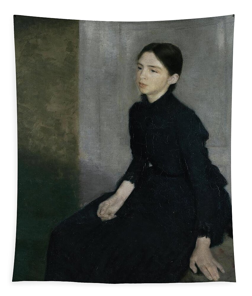 Vilhelm Hammershoi Tapestry featuring the painting Portrait of a young woman, 1885. The artist's sister Anna Hammershoi. Oil on Canvas. 112 x 91, 5 cm. by Vilhelm Hammershoi