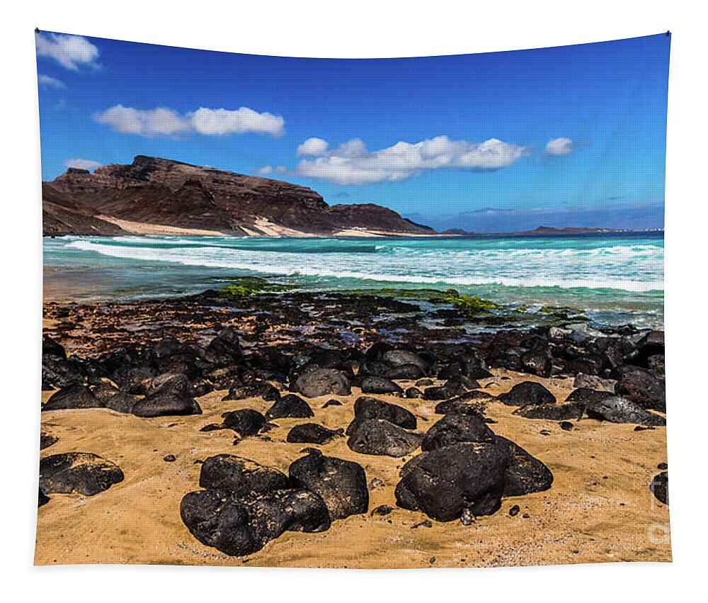 Beach Tapestry featuring the photograph Praia Grande beach #2, Sao Vincente, Cape Verde by Lyl Dil Creations