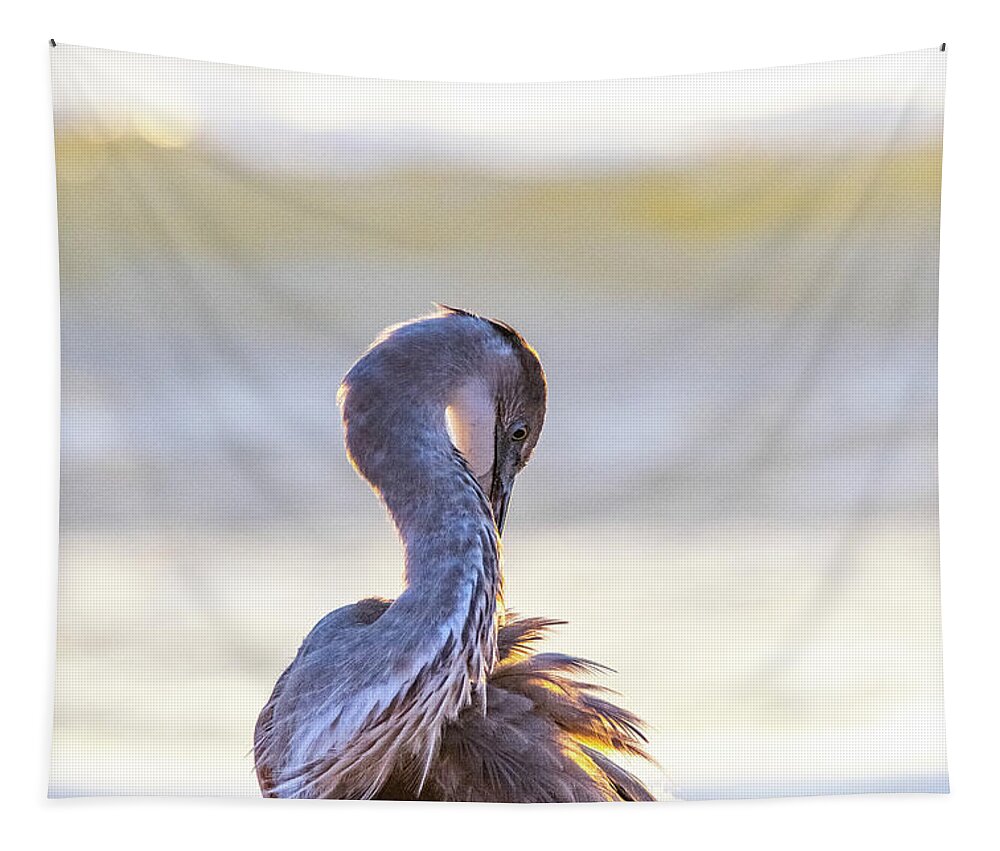Heron Tapestry featuring the photograph Preening Great Blue Heron by Mary Ann Artz