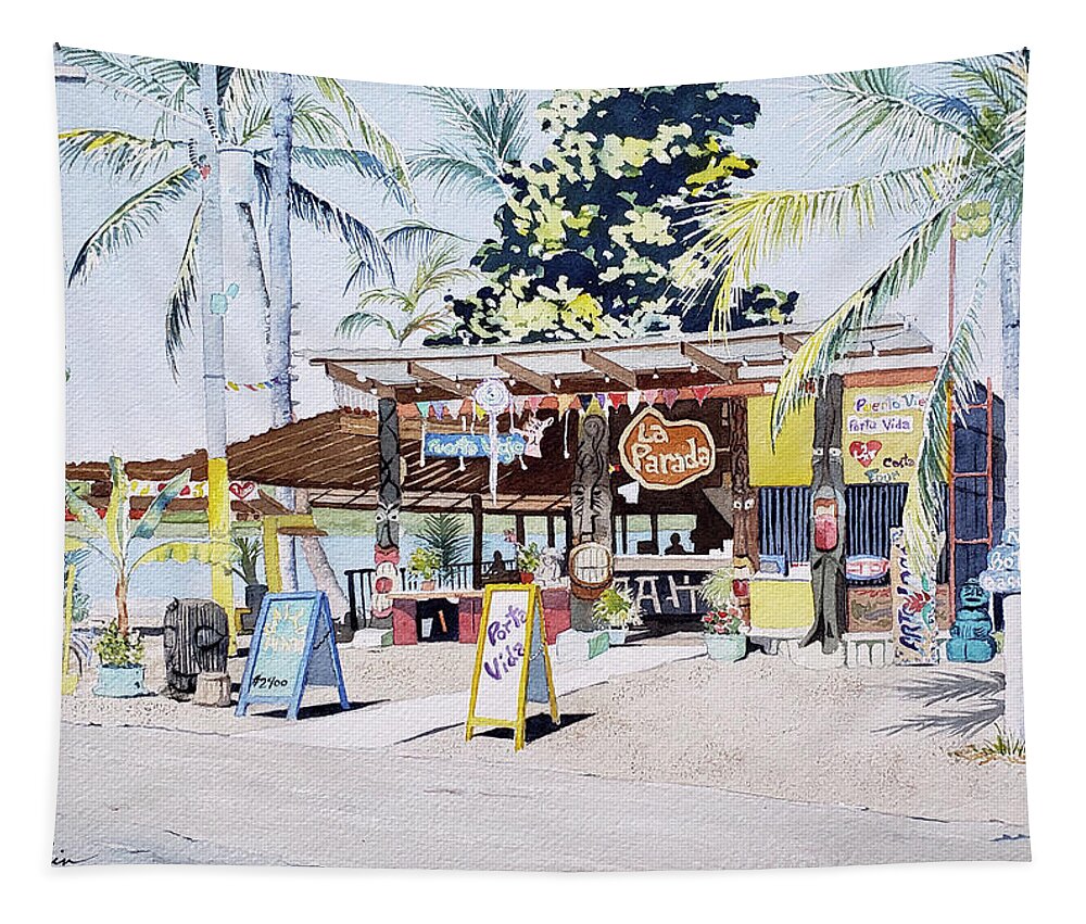 Costa Rica Tapestry featuring the painting Puerto Viejo Bus Stop by Jim Gerkin