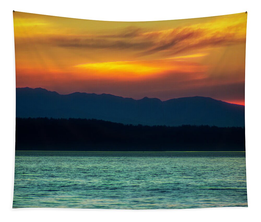 Puget Sound Tapestry featuring the photograph Puget Sound Sunset Colorful by Cathy Anderson