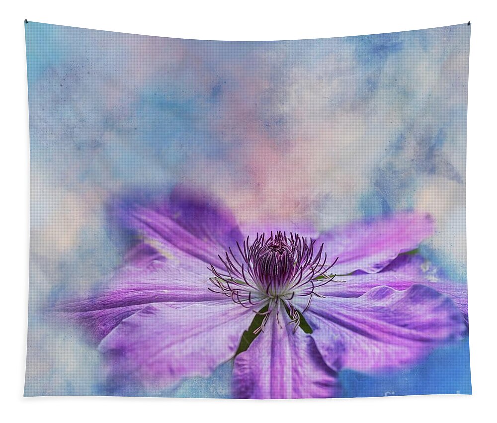Clematis Tapestry featuring the mixed media Purple Clematis by Eva Lechner