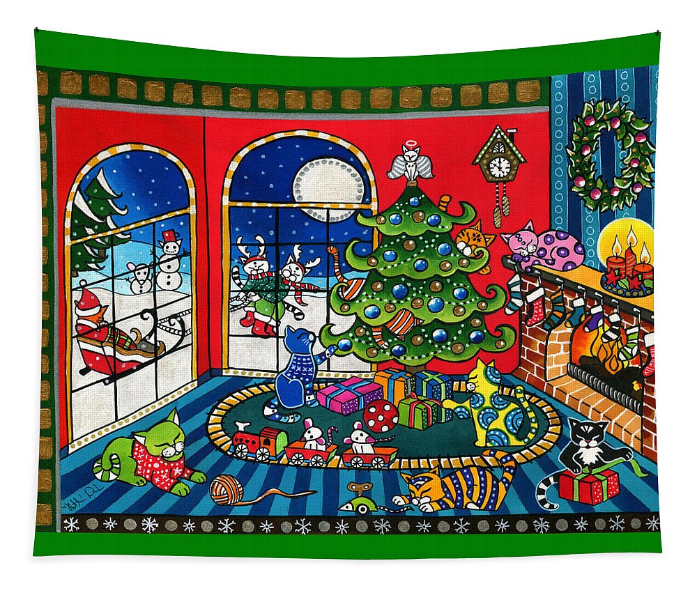 Purrfect Christmas Tapestry featuring the painting Purrfect Christmas Cat Painting by Dora Hathazi Mendes