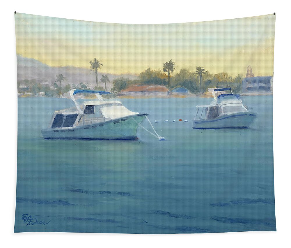 Boats Tapestry featuring the painting Quiet Harbor by Sandy Fisher