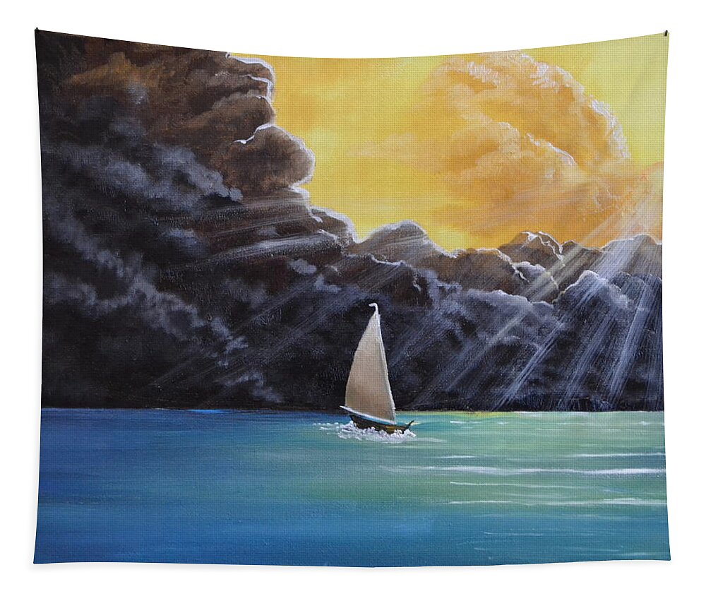This Oil Painting Depicts A Sail Boat Racing To Get Home Before The Coming Storm. This Painting Is 11x14 Inches And Would Fit In Any Room. I Painted The Sky With Two Types Of Weather. First The Sunny Part With Bright Clouds And The Other Half With Dark Storm Clouds. The Ocean Is Still Calm Because The Storm Has Not Arrived Yet. I Put In The Sunbeams To Show The Coming Storm. I Put A Light Colored Ocean Near The Sailboat For A Reflection. I Feel The Sunbeams Draws Your Eye To The Boat. Tapestry featuring the painting Racing Home by Martin Schmidt