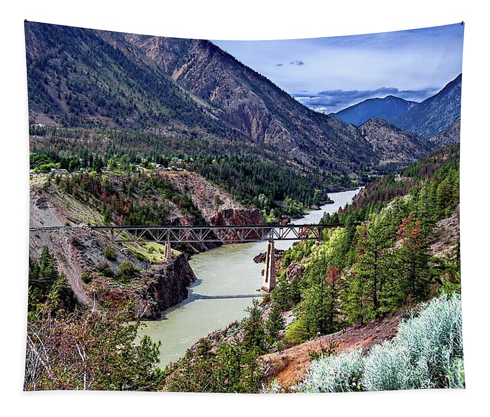 Alex Lyubar Tapestry featuring the photograph Railway bridge over the mountains river by Alex Lyubar