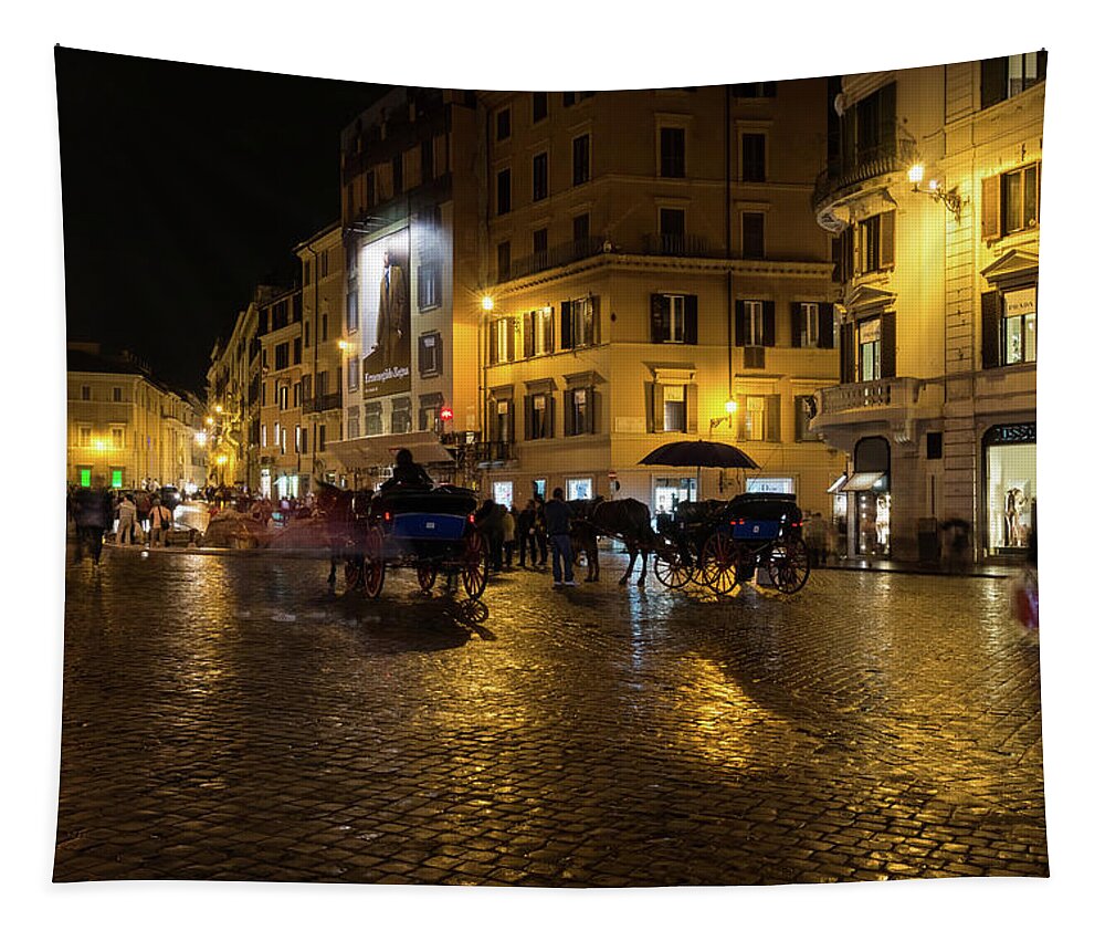 Georgia Mizuleva Tapestry featuring the photograph Rainy Rome - Slo Mo Shoppers Horses and Carriages on Glowing Piazza di Spagna by Georgia Mizuleva