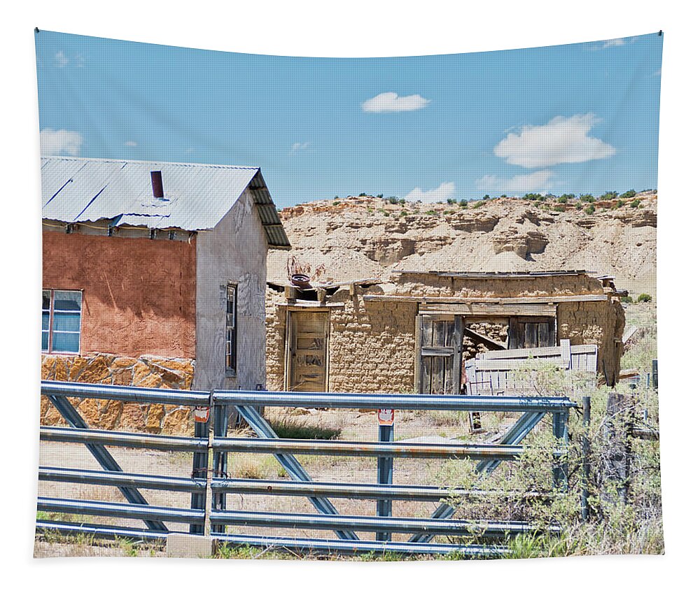 Cabezon Tapestry featuring the photograph Ranch buildings against bluffs by Segura Shaw Photography
