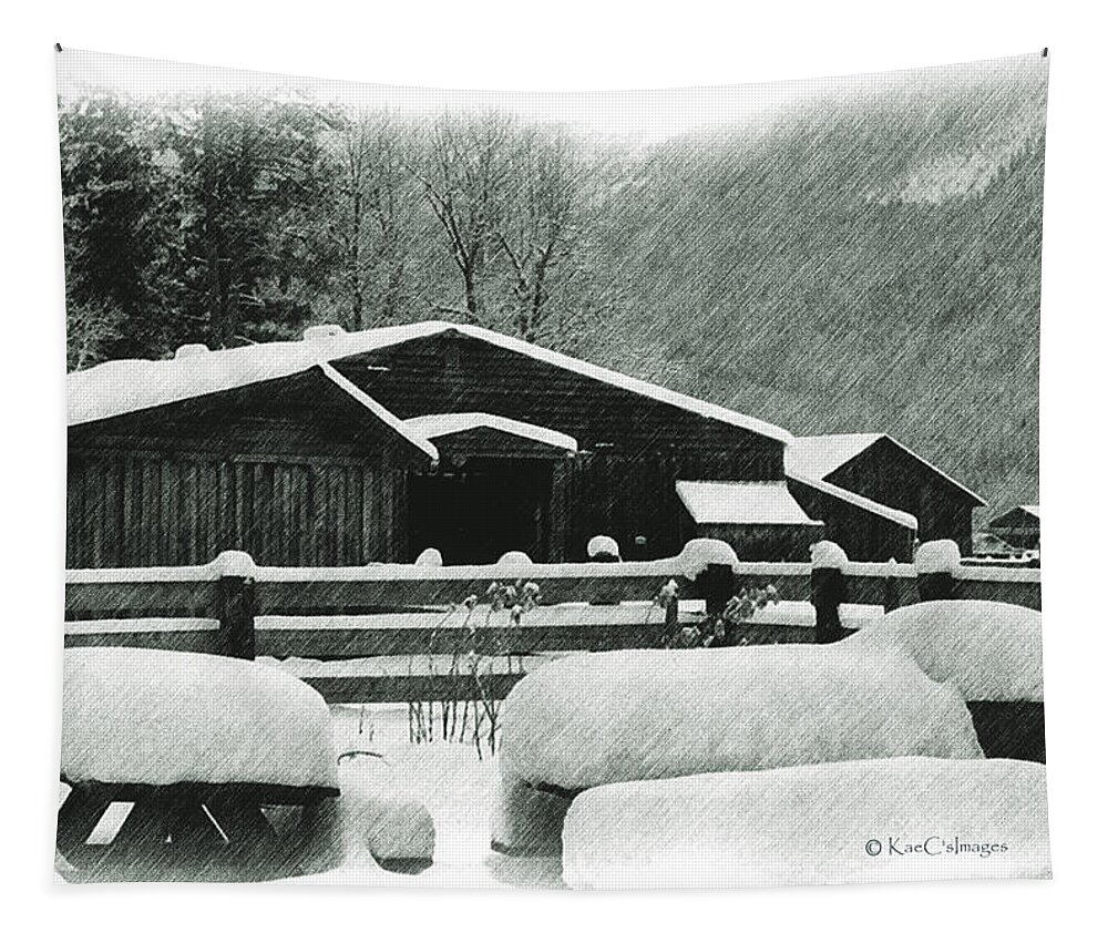 Ranch Scene Tapestry featuring the photograph Ranch Buildings and Benches in Snow by Kae Cheatham