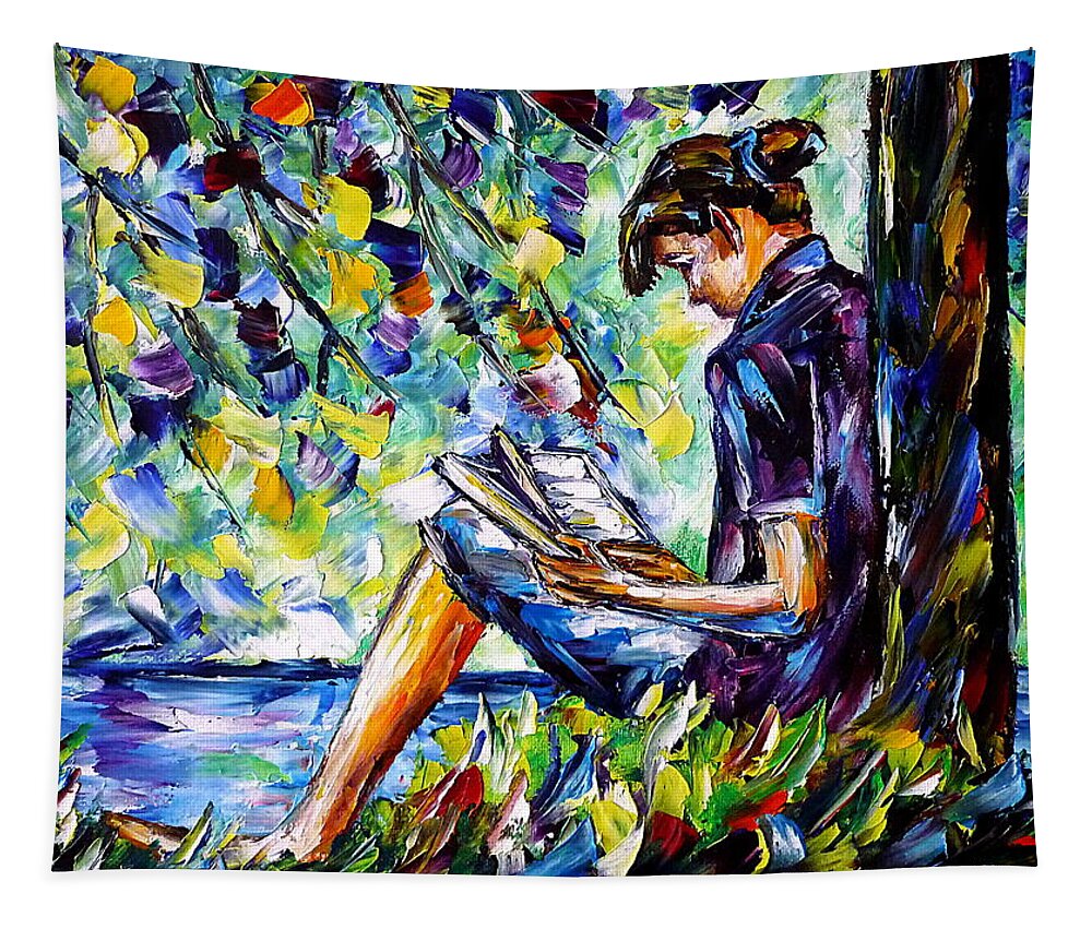 Girl With A Book Tapestry featuring the painting Reading By The River by Mirek Kuzniar